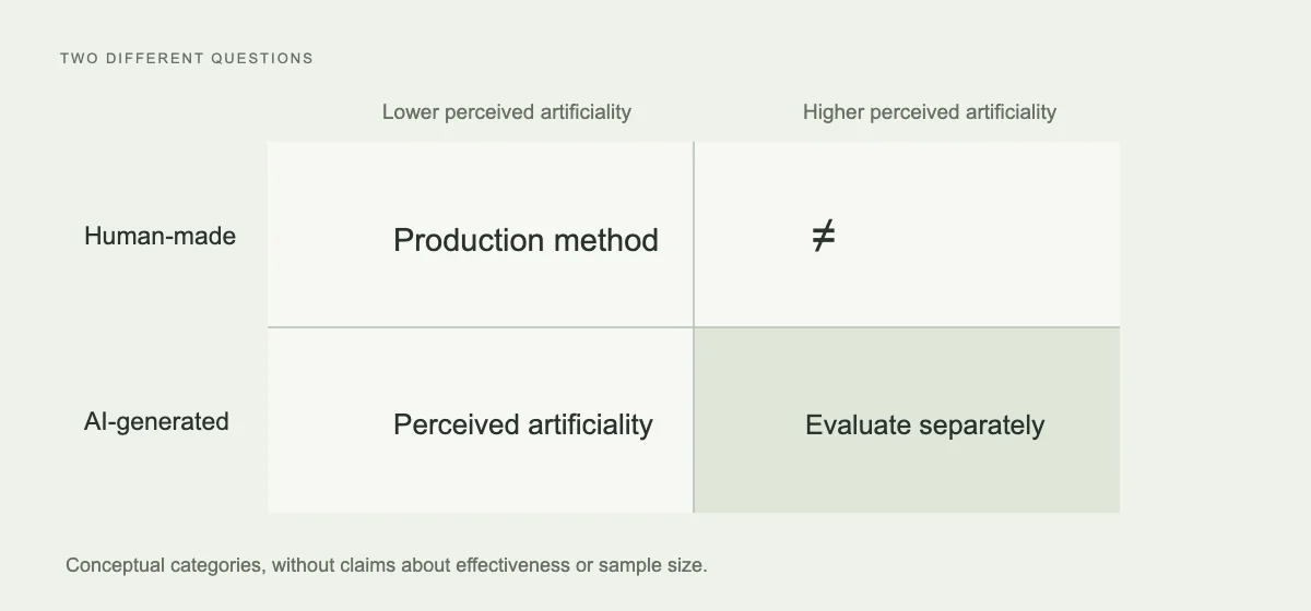 Conceptual classification of generation method and perceived artificiality as separate variables, not performance data