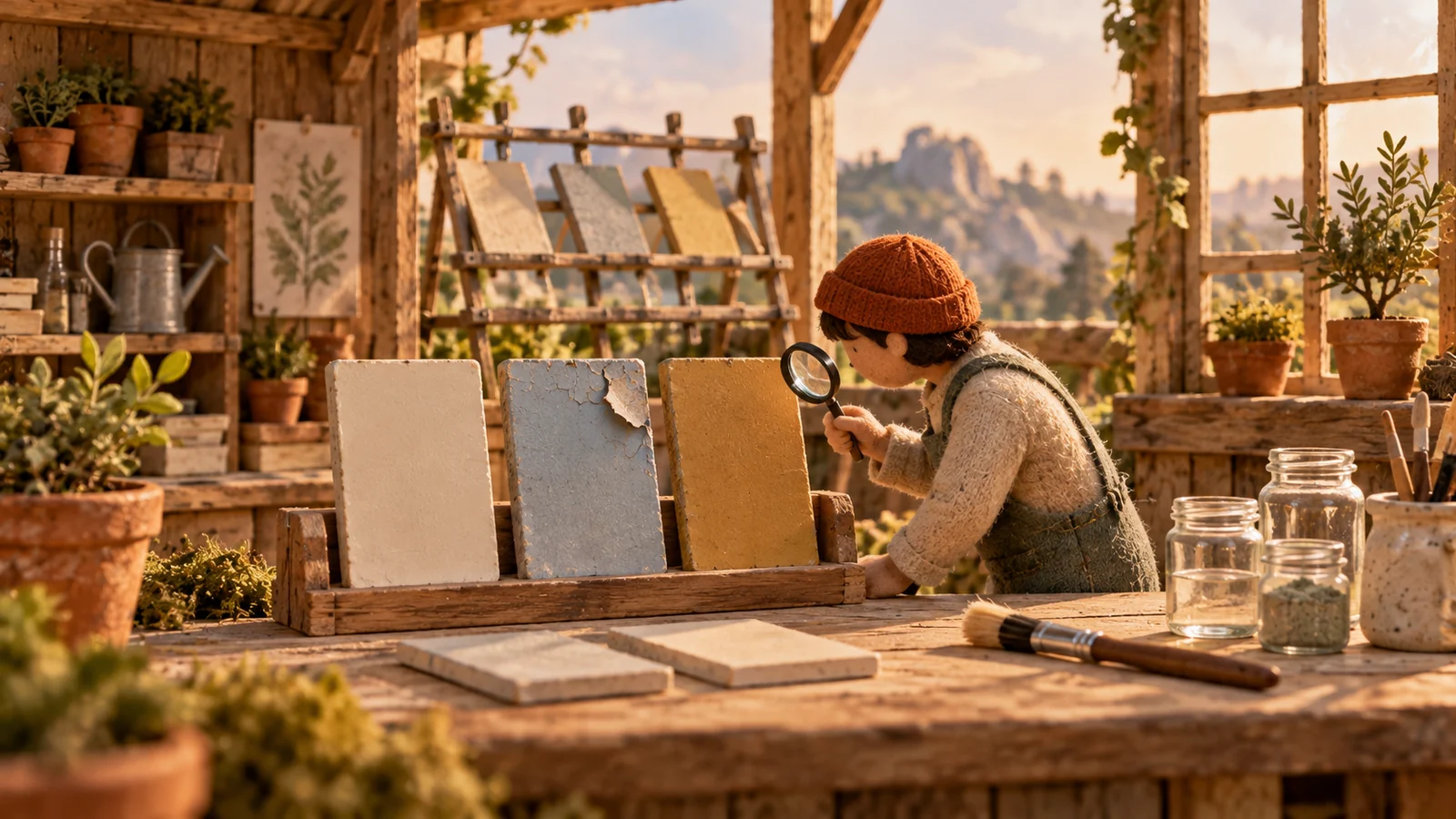 微缩材料工坊里，对比完整与局部起皮的涂层试片