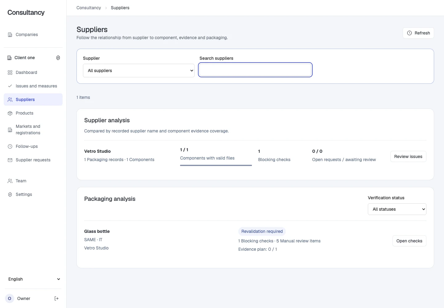 Supplier and packaging information relationships in the PackProof development acceptance archive; fictitious demonstration data
