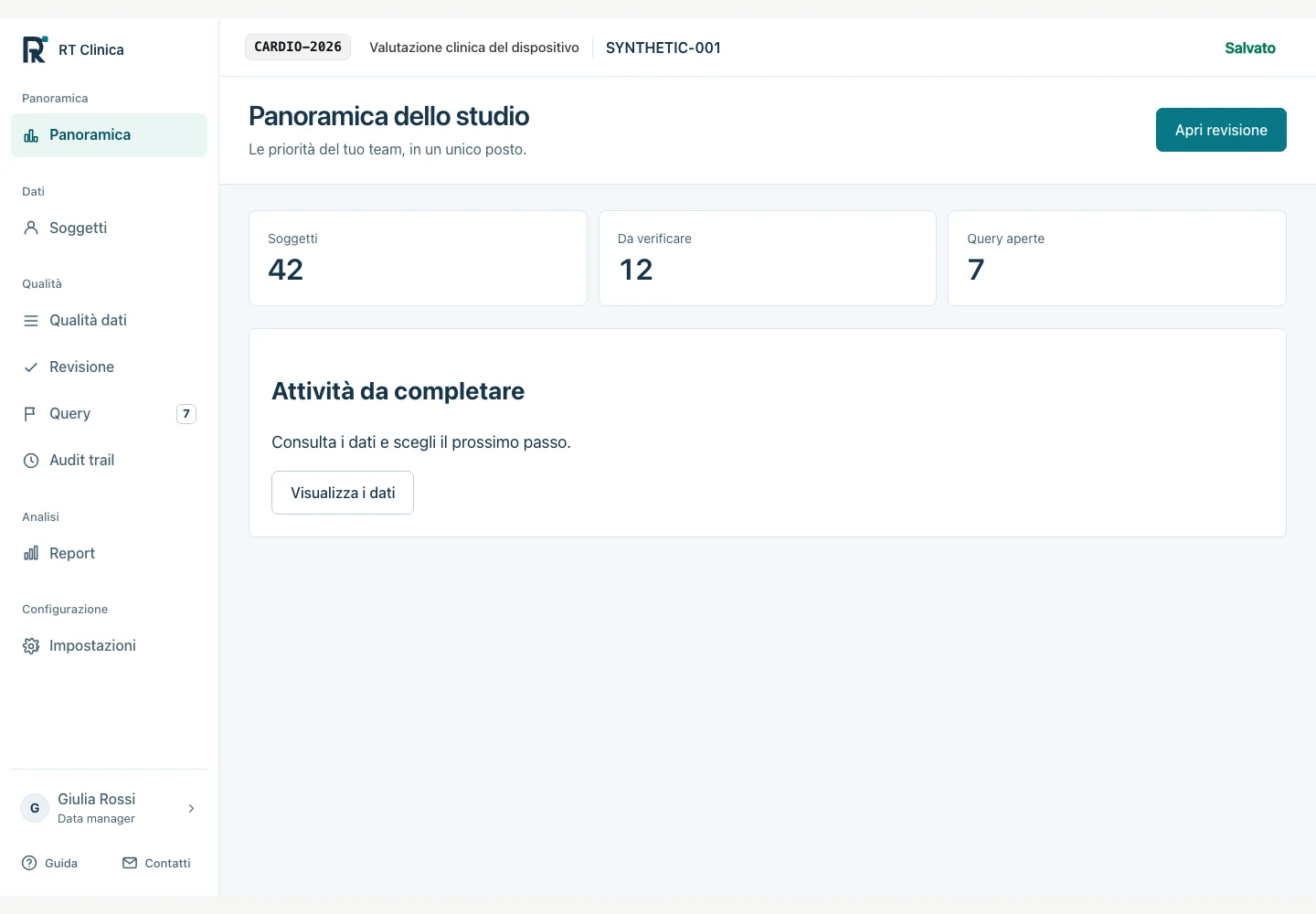 RT Clinica study context and role workspaces; study names, identities, counts and tasks are synthetic test data