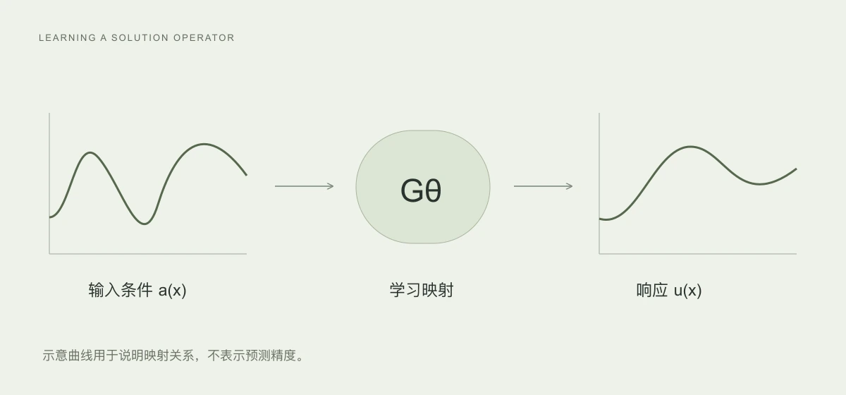 输入条件通过学习映射得到系统响应的关系示意，曲线不表示实测数据