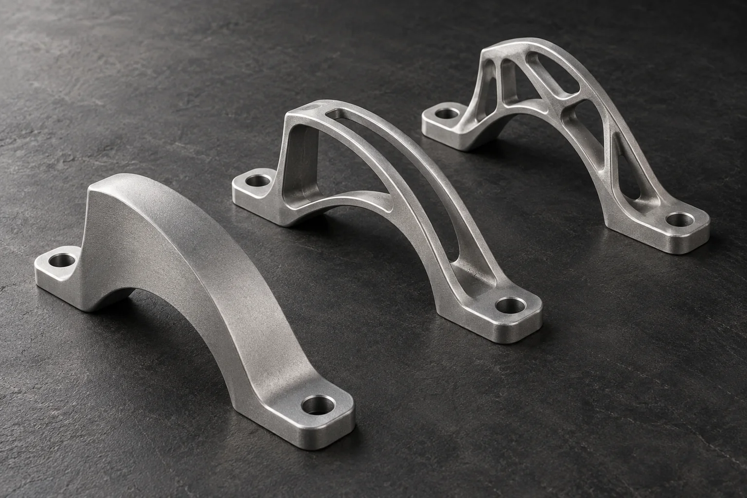 Concept illustration of three bracket candidates showing design changes; not an actual manufacturing or test result